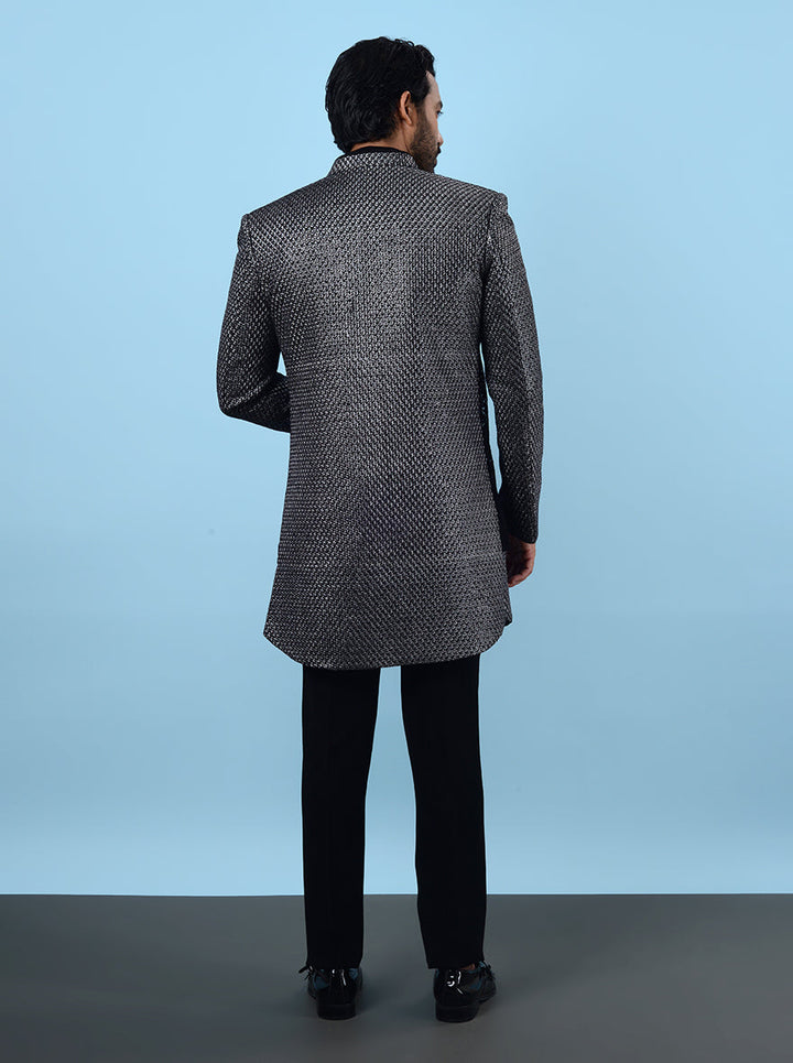 Men’s black & silver outfit, embroidered silk blend with resham