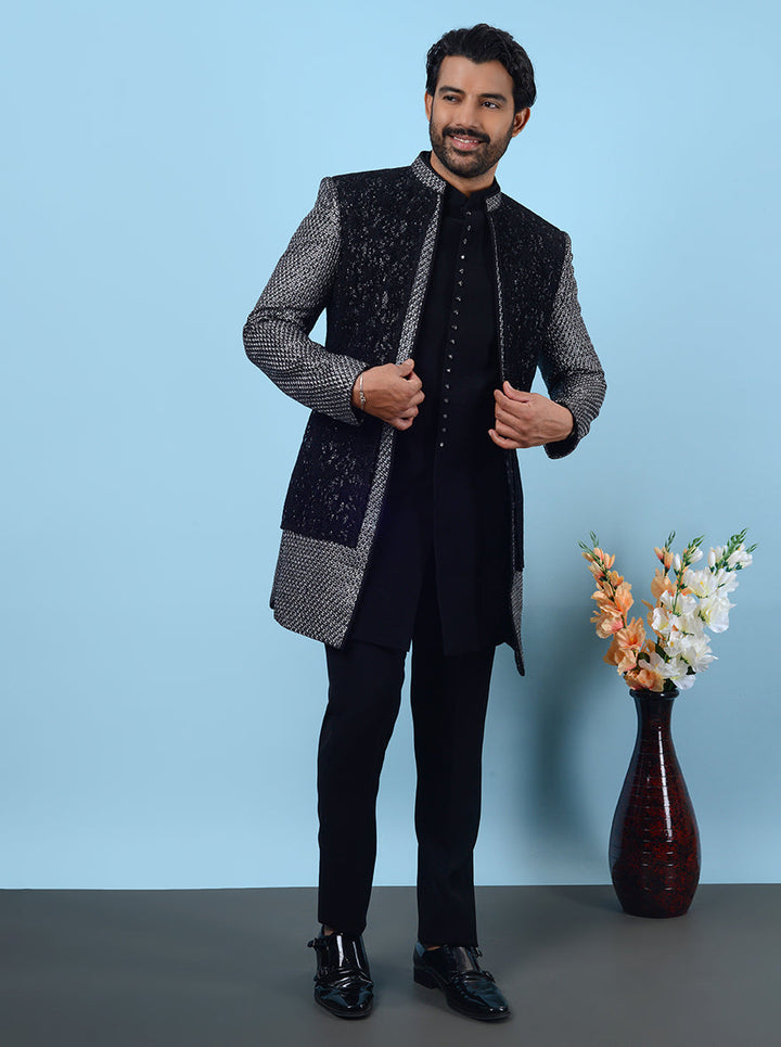 Elegant black & silver embroidered Indowestern for men’s events