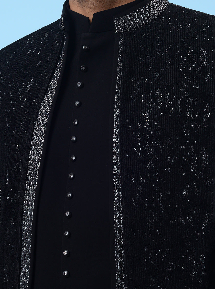 Classic black & silver men’s attire, silk blend with resham embroidery