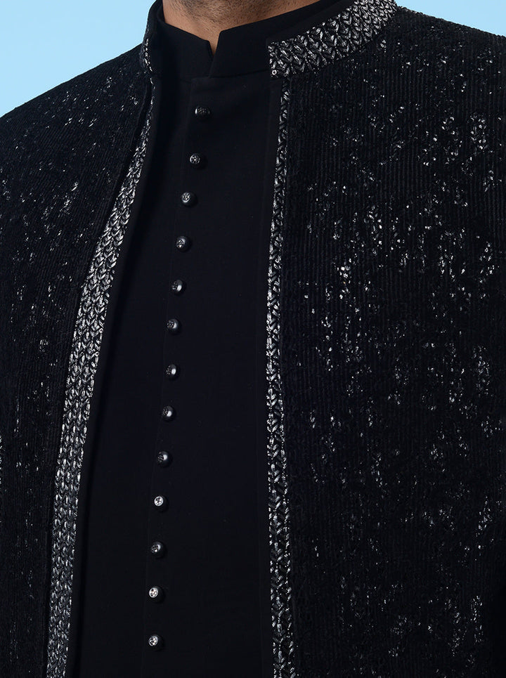Classic black & silver men’s attire, silk blend with resham embroidery
