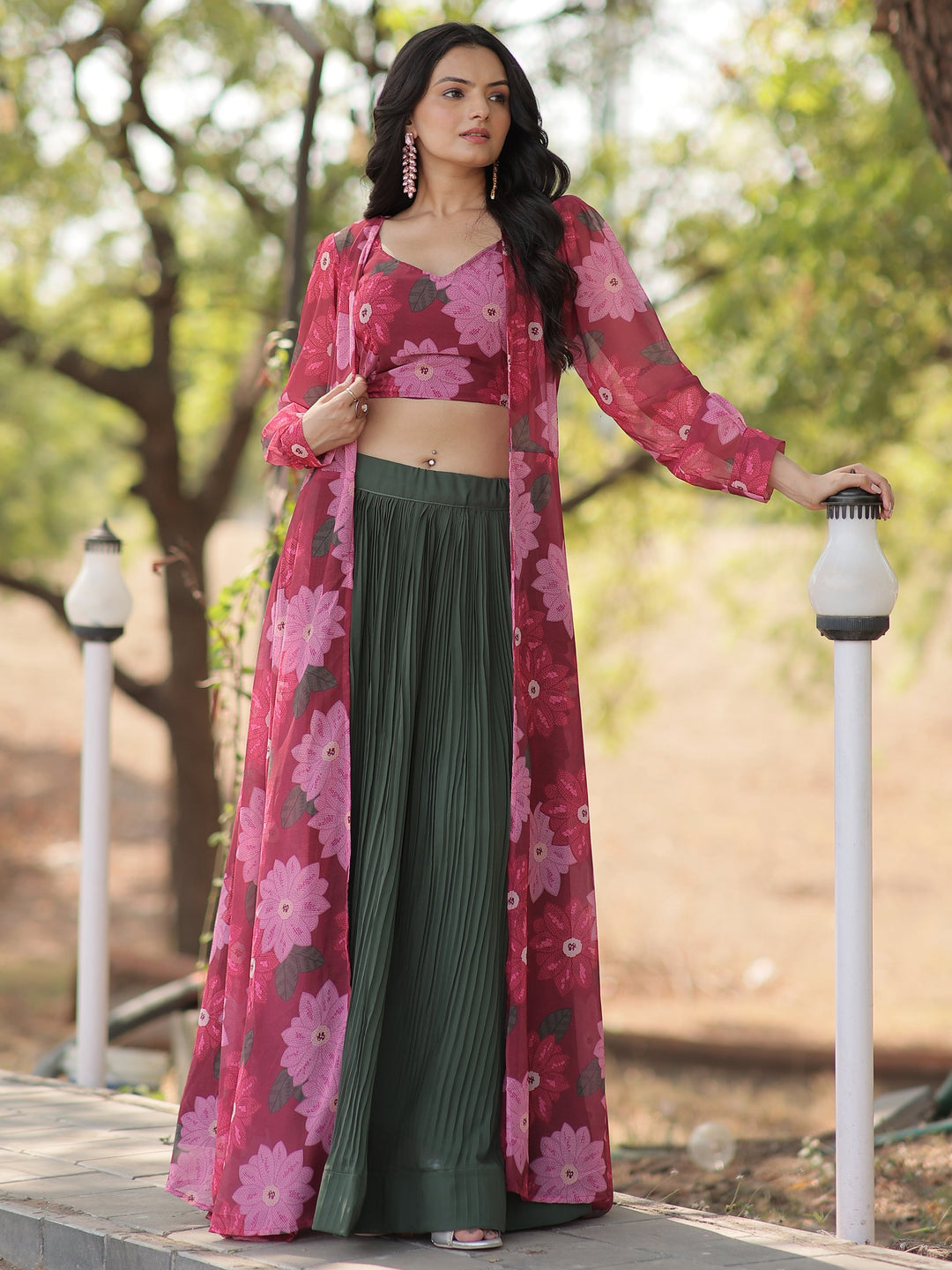 Mehendi Green Georgette Lehenga | Rani Pink Crop Top & Jacket for Parties
