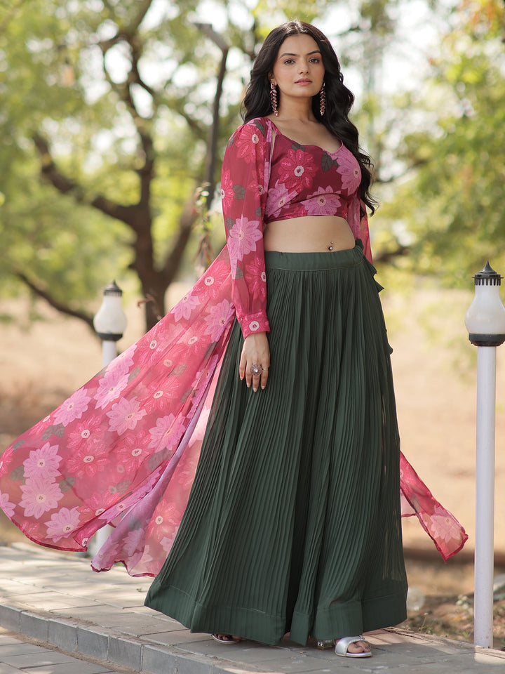 Mehendi Green Georgette Lehenga | Rani Pink Crop Top & Jacket for Parties
