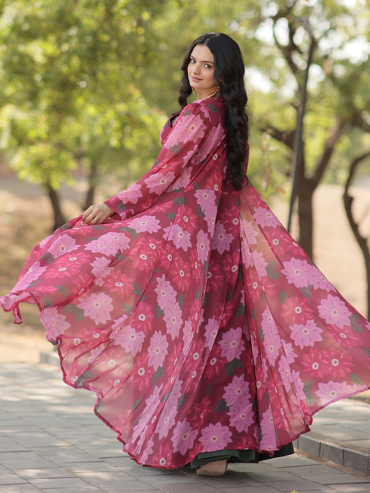 Mehendi Green Georgette Lehenga | Rani Pink Crop Top & Jacket for Parties