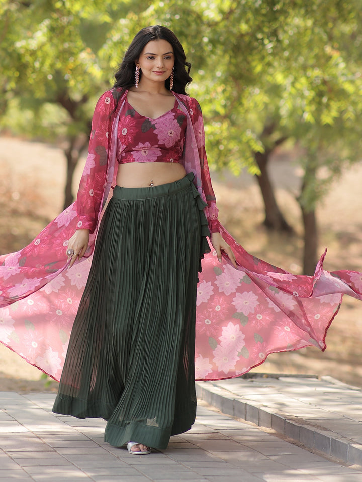 Mehendi Green Georgette Lehenga | Rani Pink Crop Top & Jacket for Parties
