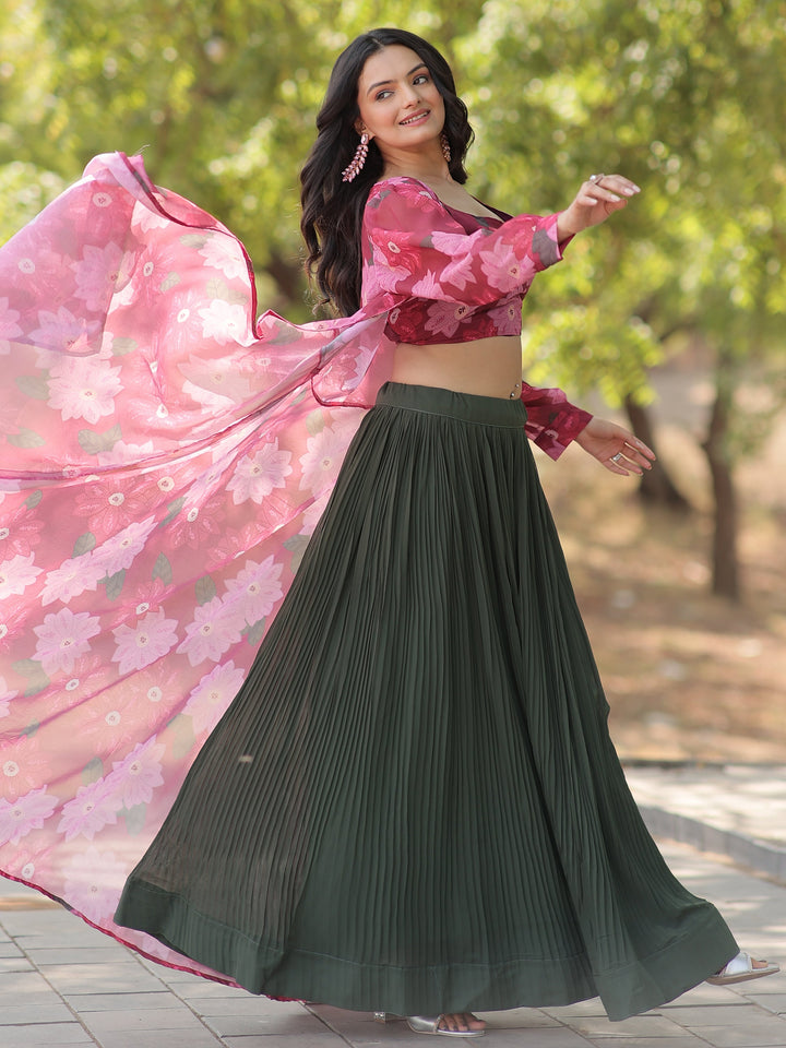 Mehendi Green Georgette Lehenga | Rani Pink Crop Top & Jacket for Parties