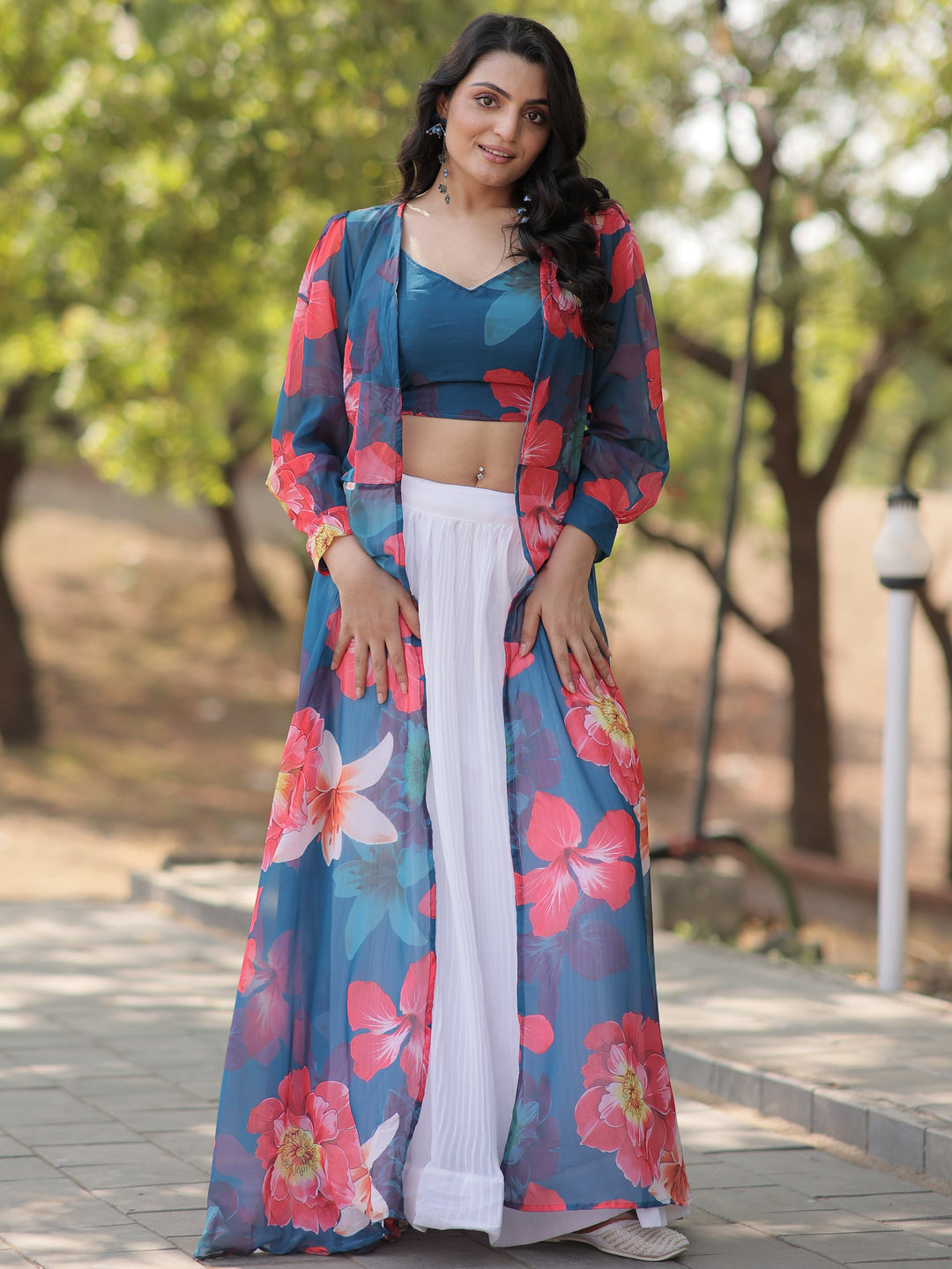 Modern White Lehenga | Georgette with Sky Blue Floral Crop Top & Jacket