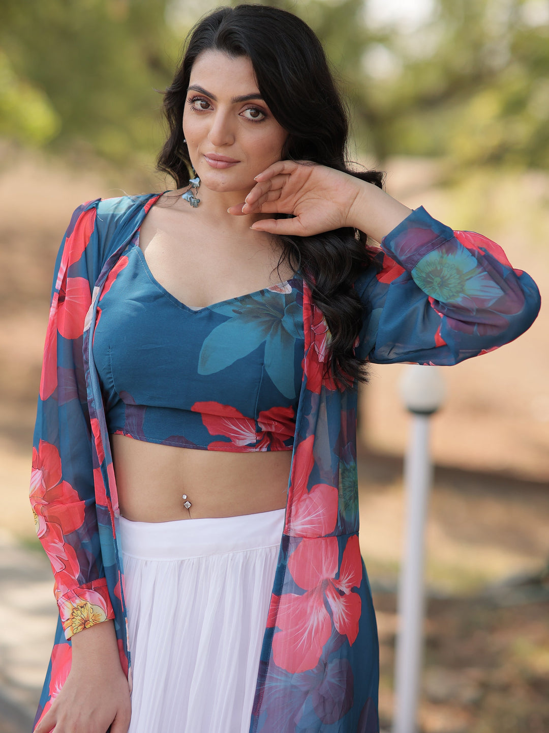 Modern White Lehenga | Georgette with Sky Blue Floral Crop Top & Jacket