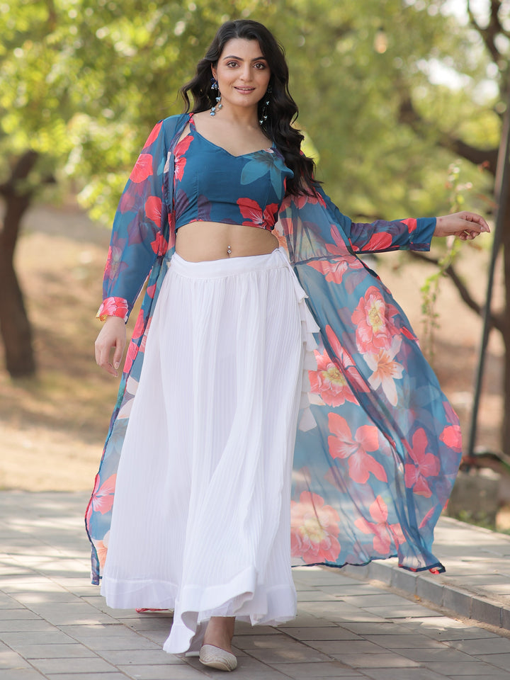 Modern White Lehenga | Georgette with Sky Blue Floral Crop Top & Jacket