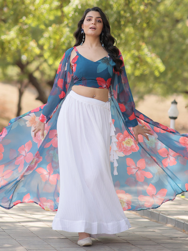 Modern White Lehenga | Georgette with Sky Blue Floral Crop Top & Jacket