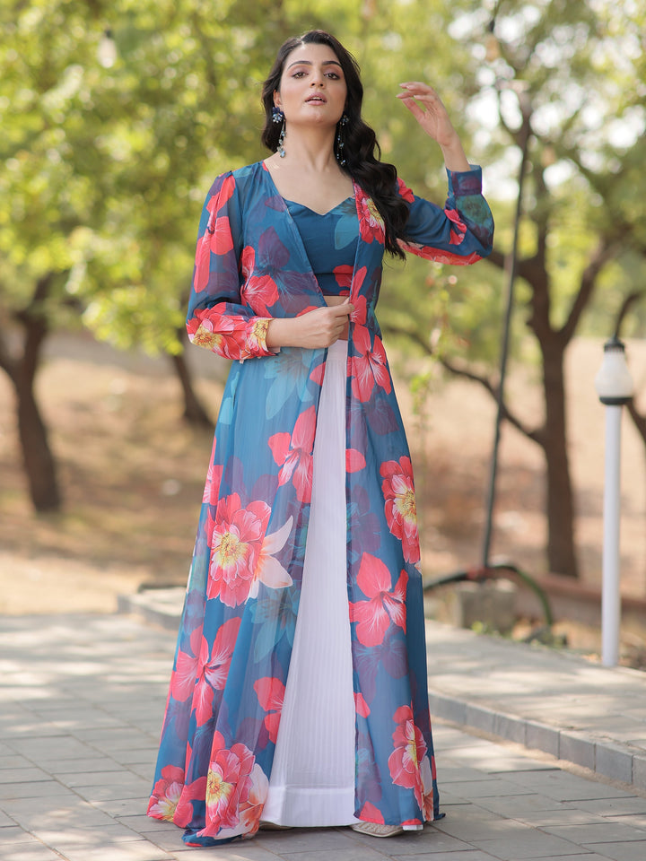 Modern White Lehenga | Georgette with Sky Blue Floral Crop Top & Jacket
