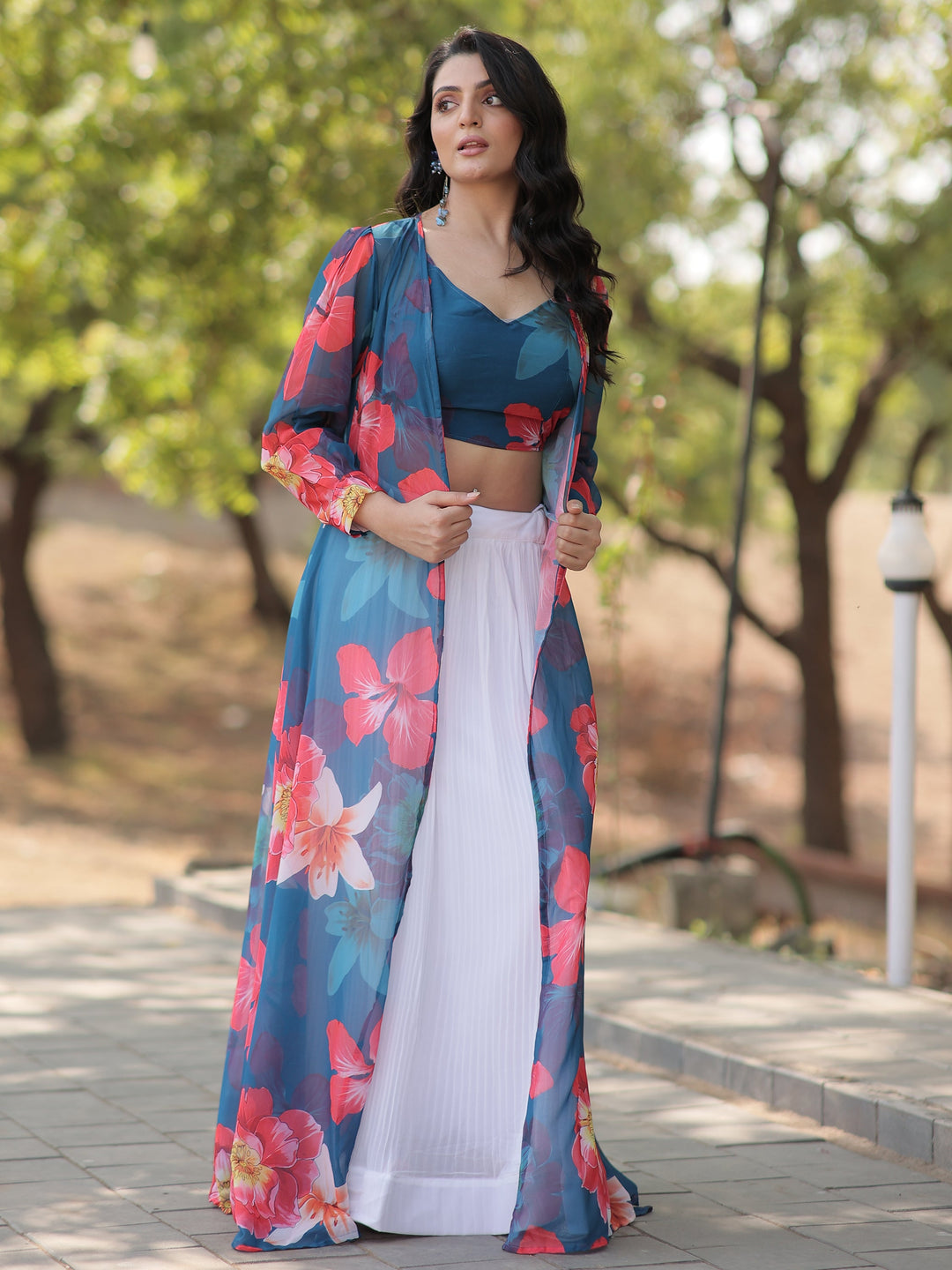 Modern White Lehenga | Georgette with Sky Blue Floral Crop Top & Jacket