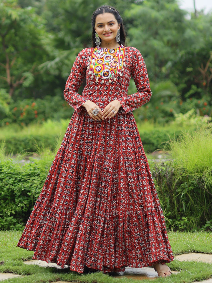 Adorable Maroon Digital Printed Cotton Navratri Wear Gown