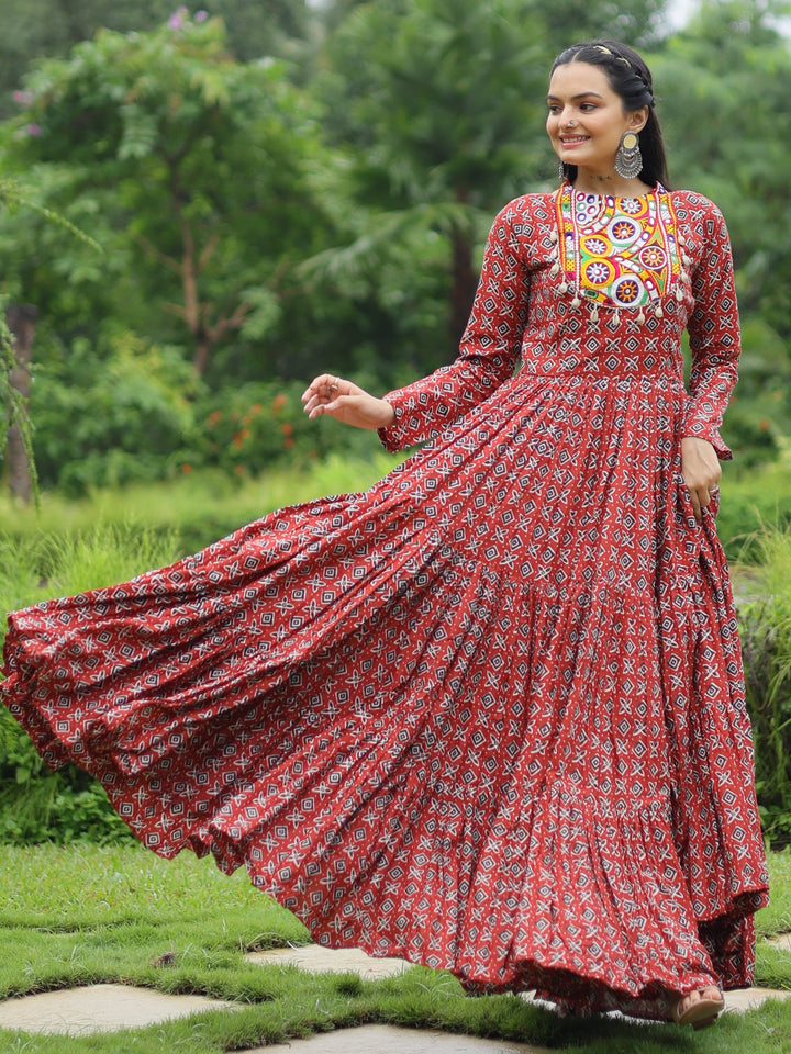 Adorable Maroon Digital Printed Cotton Navratri Wear Gown