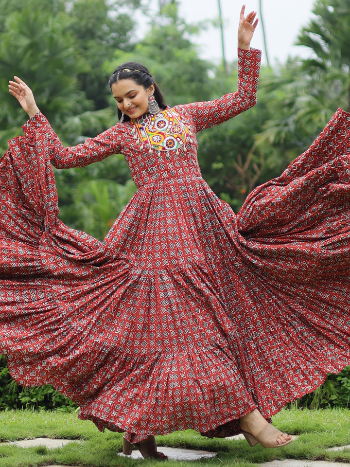 Adorable Maroon Digital Printed Cotton Navratri Wear Gown