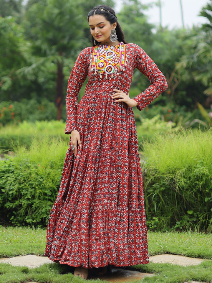 Adorable Maroon Digital Printed Cotton Navratri Wear Gown