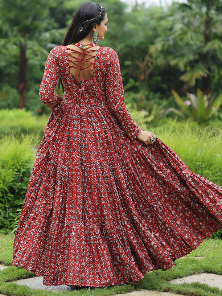 Adorable Maroon Digital Printed Cotton Navratri Wear Gown