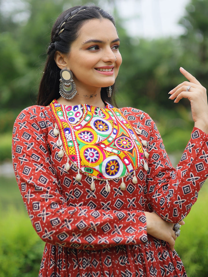 Adorable Maroon Digital Printed Cotton Navratri Wear Gown