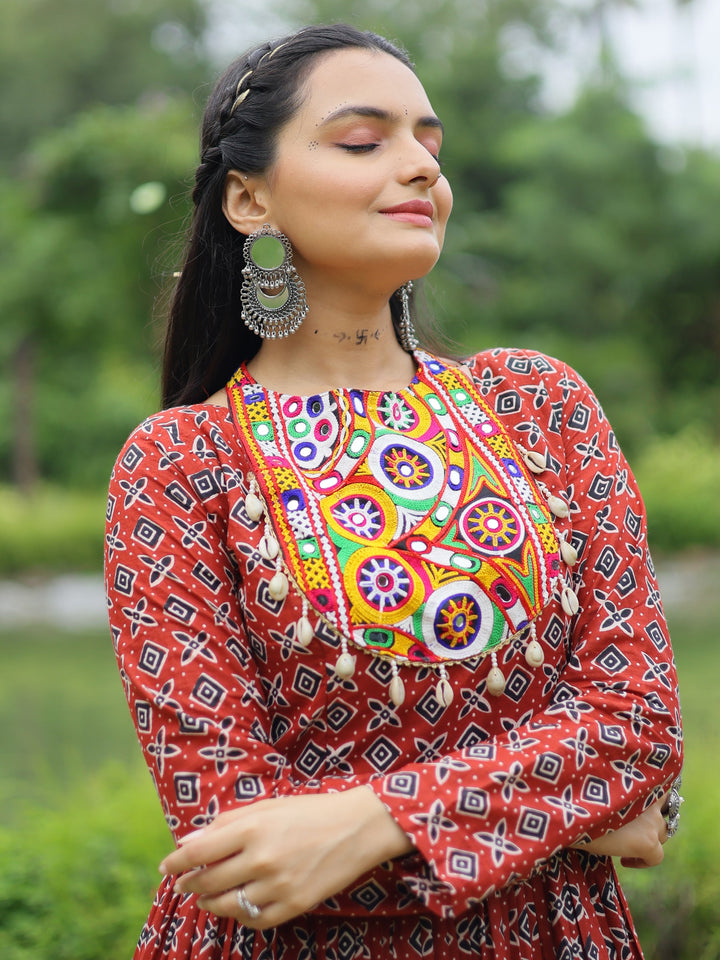Adorable Maroon Digital Printed Cotton Navratri Wear Gown