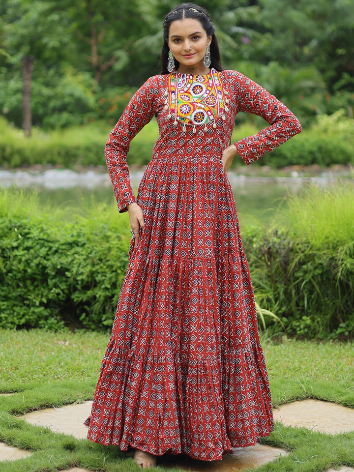 Adorable Maroon Digital Printed Cotton Navratri Wear Gown