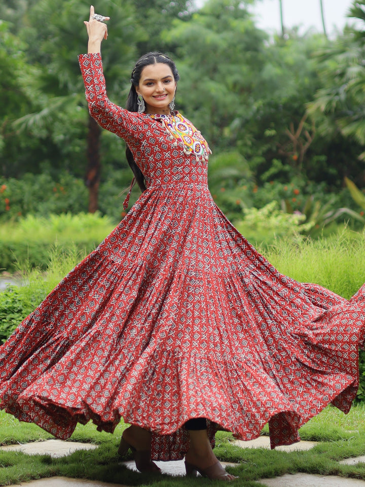 Adorable Maroon Digital Printed Cotton Navratri Wear Gown