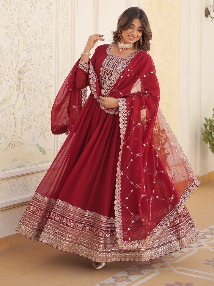 Bewitching Maroon Sequins Georgette Festival Wear Gown With Dupatta