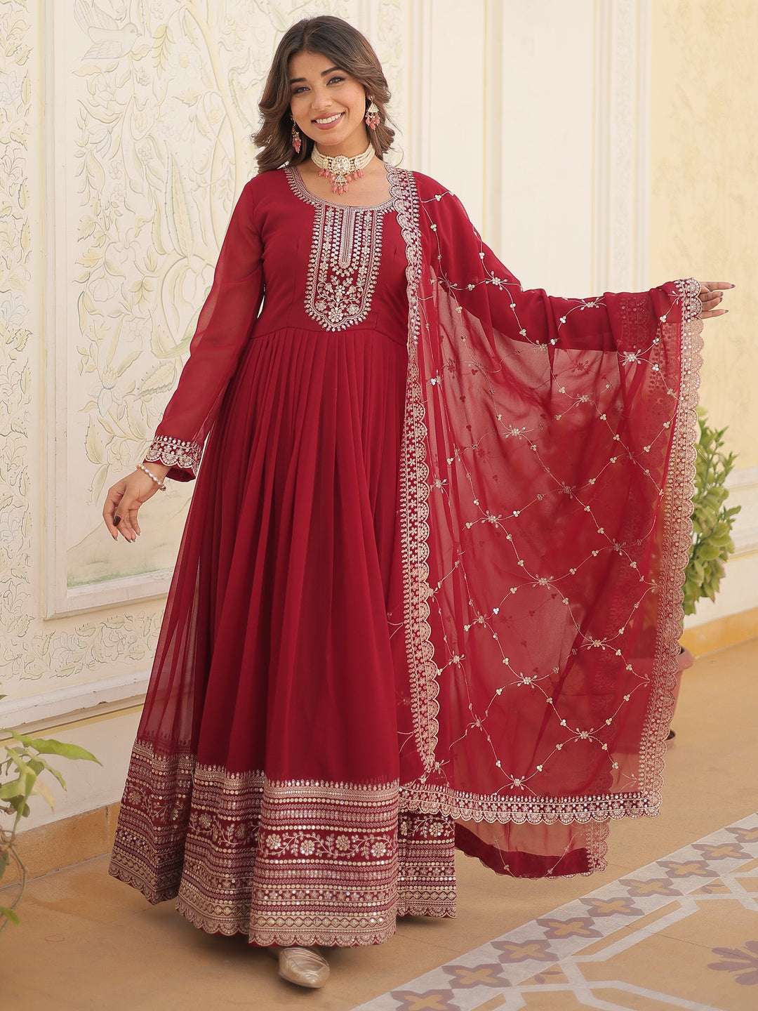 Bewitching Maroon Sequins Georgette Festival Wear Gown With Dupatta