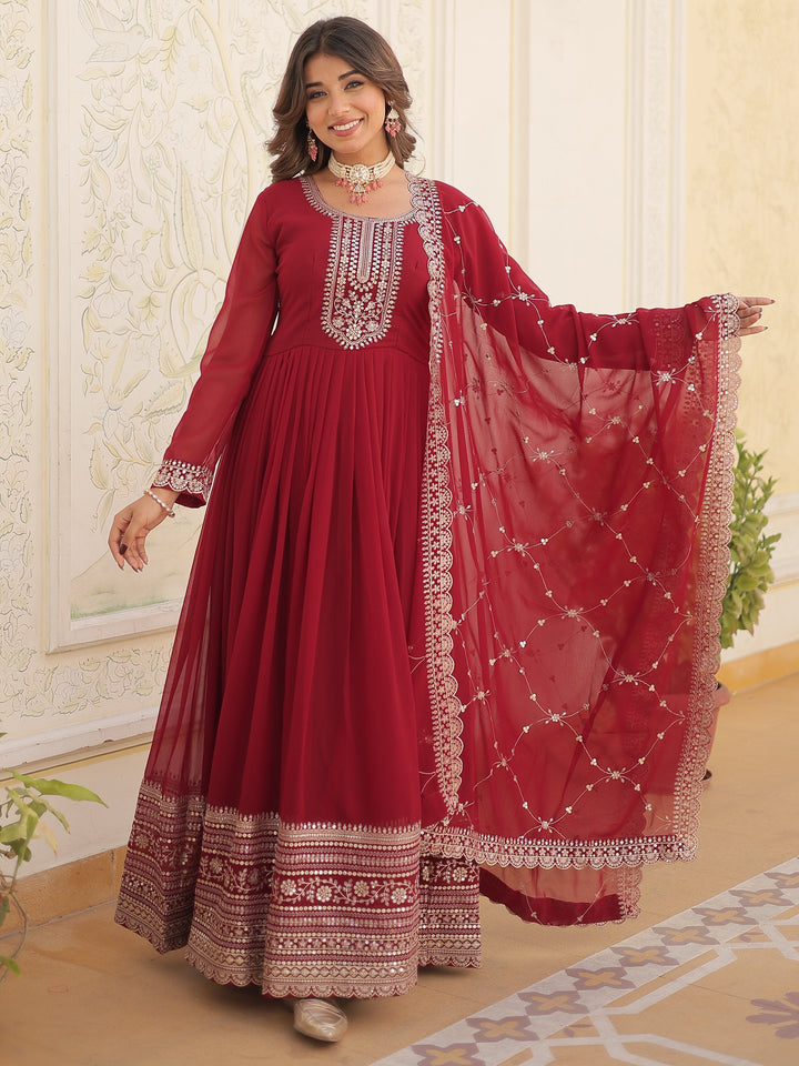 Bewitching Maroon Sequins Georgette Festival Wear Gown With Dupatta
