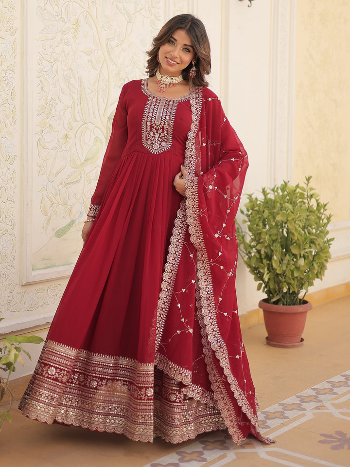 Bewitching Maroon Sequins Georgette Festival Wear Gown With Dupatta