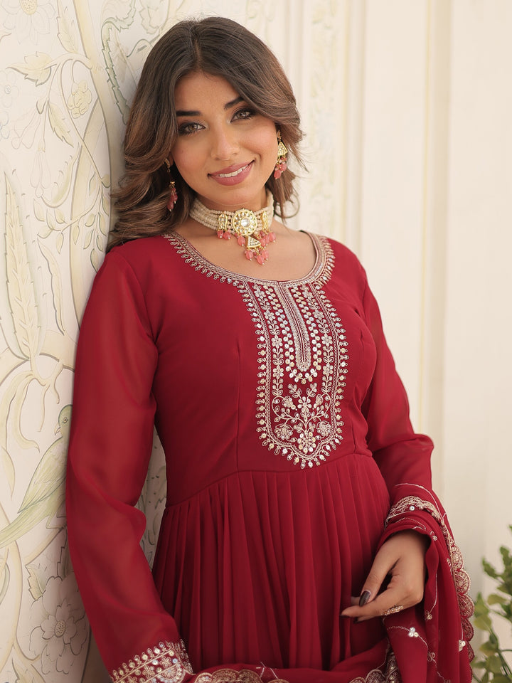 Bewitching Maroon Sequins Georgette Festival Wear Gown With Dupatta