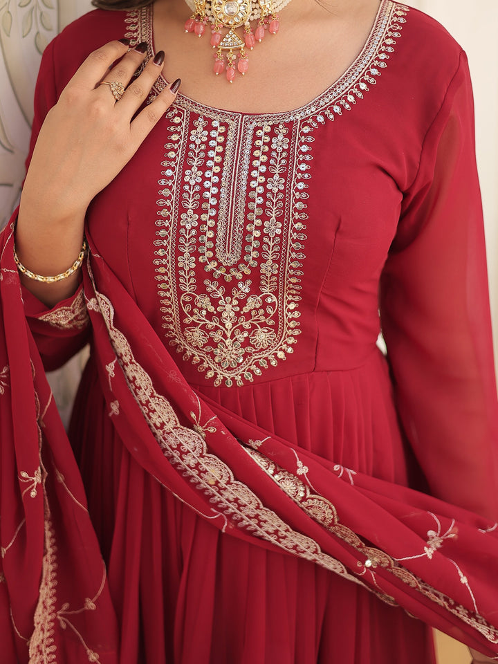 Bewitching Maroon Sequins Georgette Festival Wear Gown With Dupatta