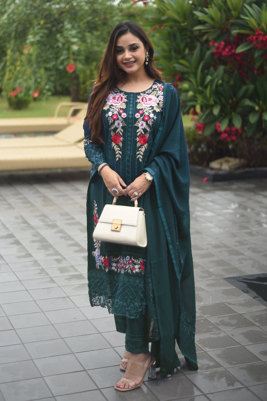 Stylish Teal Blue Georgette Suit Set | Traditional & Modern Fusion