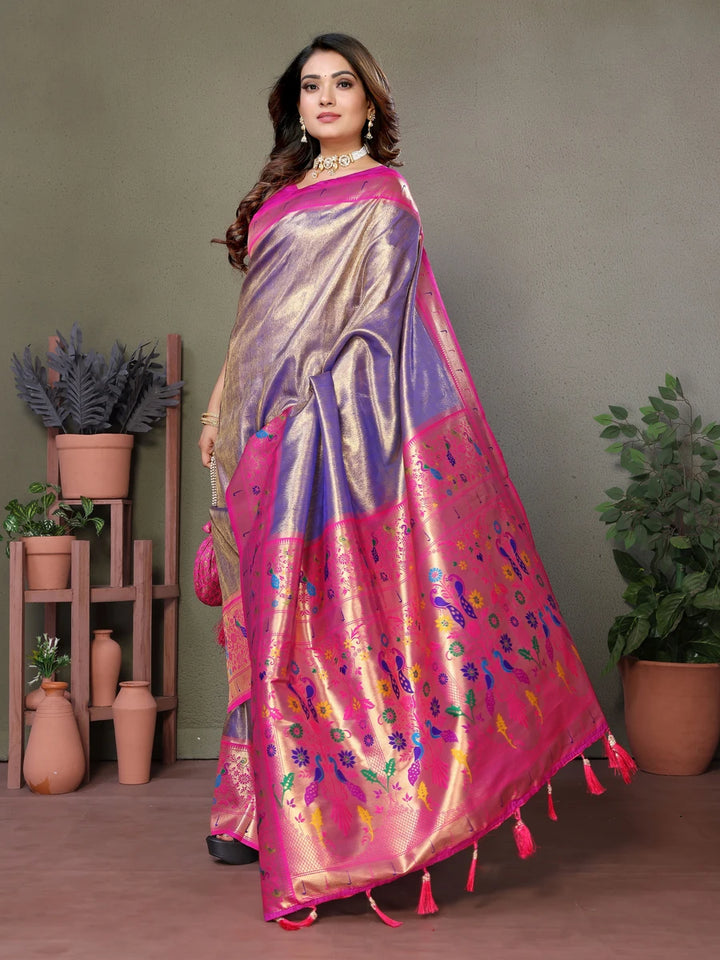 Lavender Luxurious Banarasi Tissue Silk Saree with Paithani Designer Work Blouse
