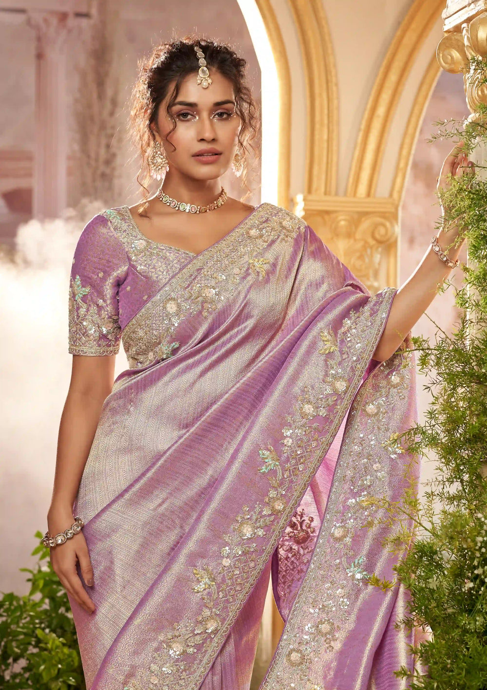 Lavender Organza Silk Saree with Pearl 