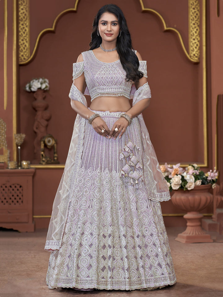 Lavender net lehenga with Jarkan work