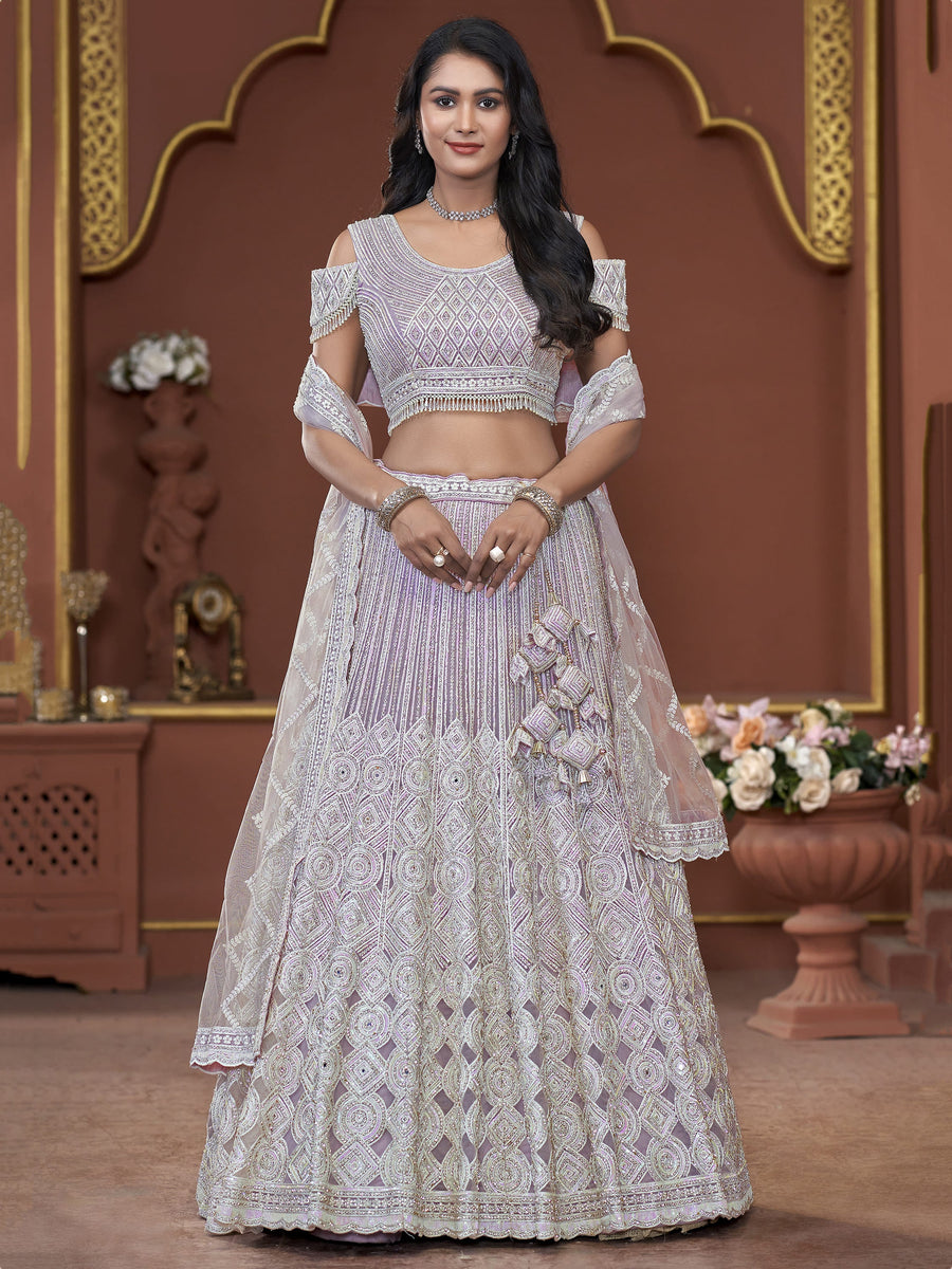 Lavender net lehenga with Jarkan work