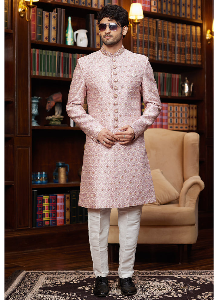Traditional Indian Sherwani Hand Work | Light Pink Wedding Sherwani