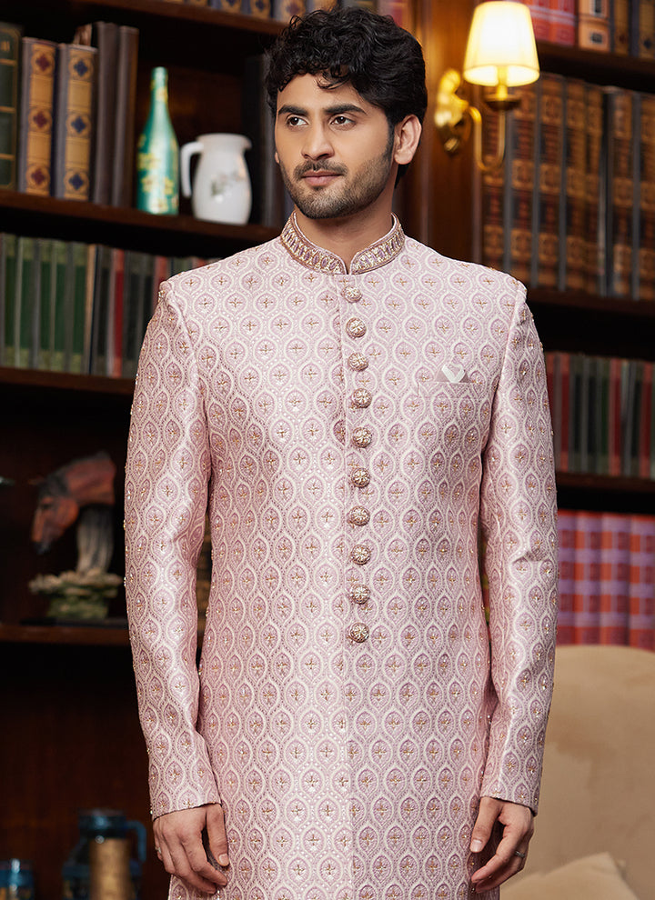 Traditional Indian Sherwani Hand Work | Light Pink Wedding Sherwani