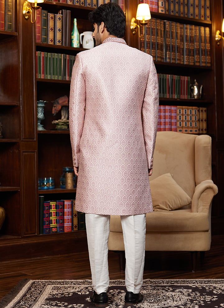 Traditional Indian Sherwani Hand Work | Light Pink Wedding Sherwani