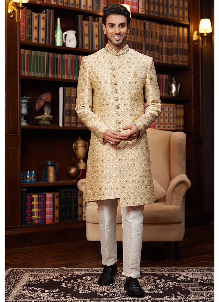 Pale Gold Jacquard Silk Sherwani | Handcrafted Wedding Sherwani for Men
