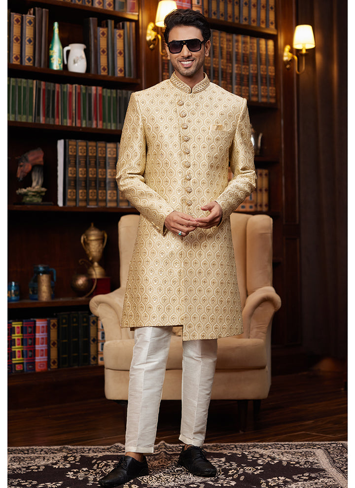 Pale Gold Jacquard Silk Sherwani | Handcrafted Wedding Sherwani for Men