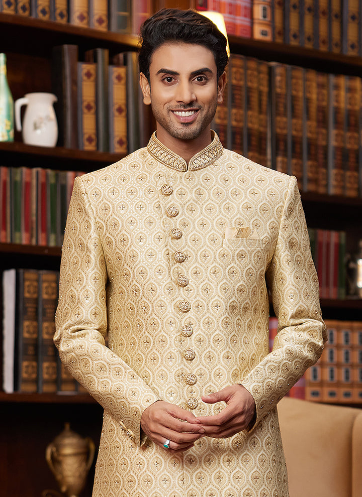 Pale Gold Jacquard Silk Sherwani | Handcrafted Wedding Sherwani for Men
