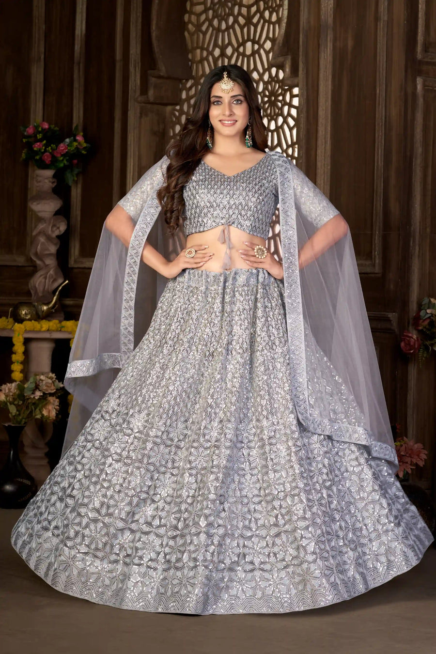 Light Blue Net Lehenga Choli with Embroidery

