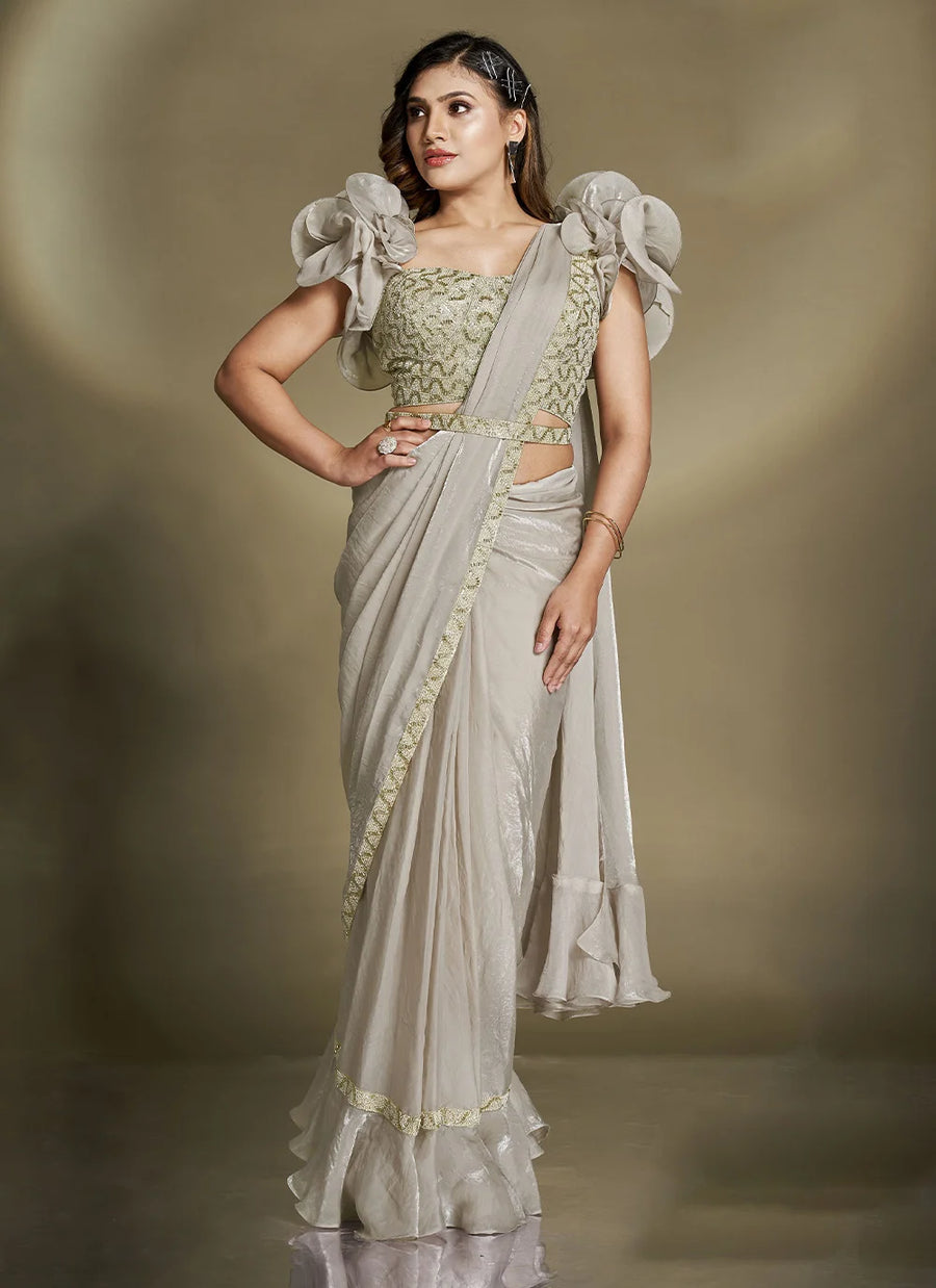 Light Gray Satin Silk Ready-to-Wear Saree with Handwork
