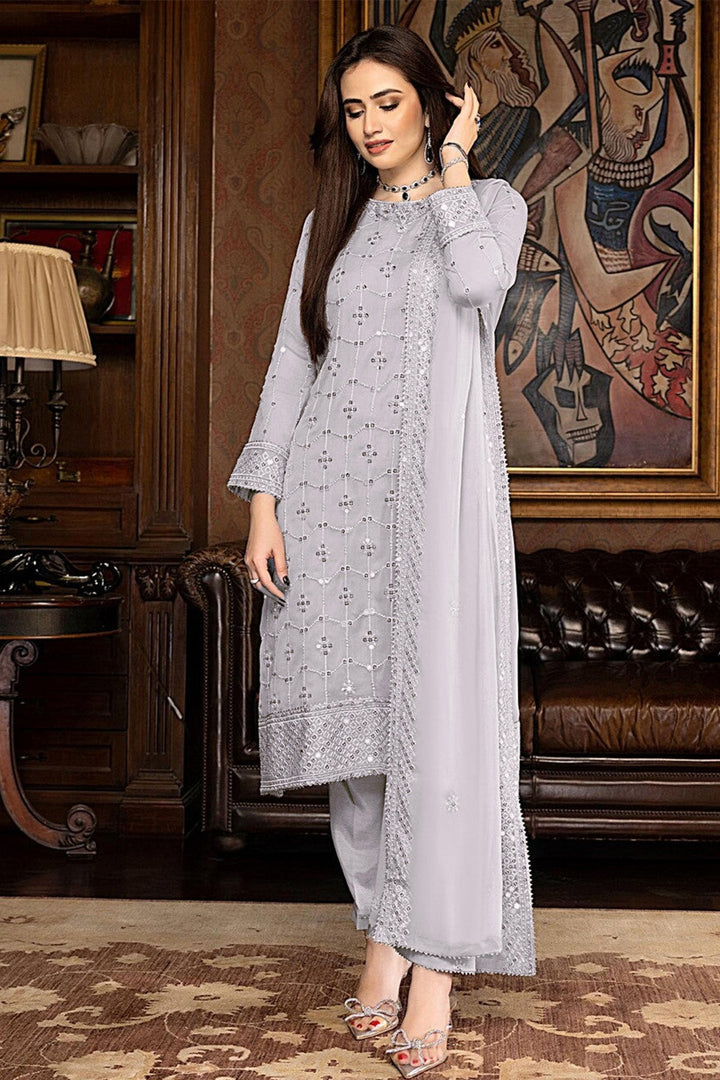 Festive Light Gray Kameez Set | Georgette Salwar & Dupatta Ensemble
