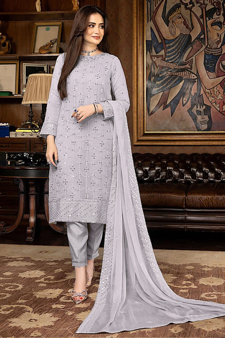 Festive Light Gray Kameez Set | Georgette Salwar & Dupatta Ensemble