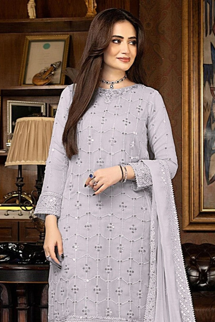 Festive Light Gray Kameez Set | Georgette Salwar & Dupatta Ensemble