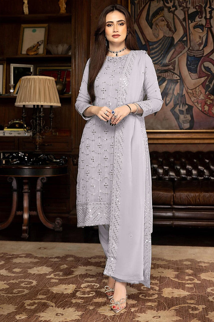 Festive Light Gray Kameez Set | Georgette Salwar & Dupatta Ensemble