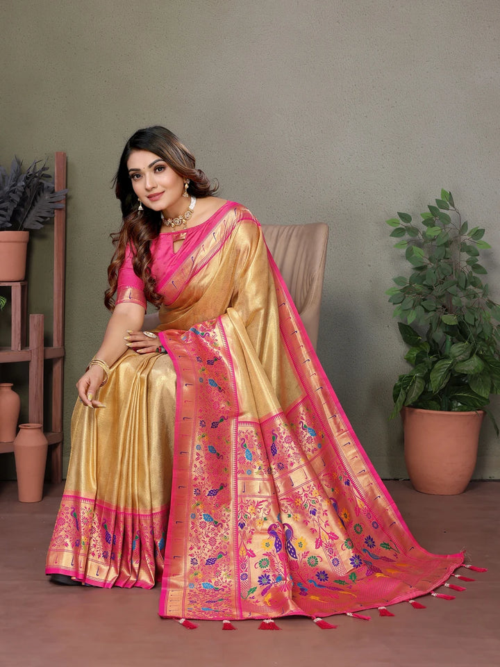 Light Yellow Luxurious Banarasi Tissue Silk Saree with Paithani Designer Work Blouse
