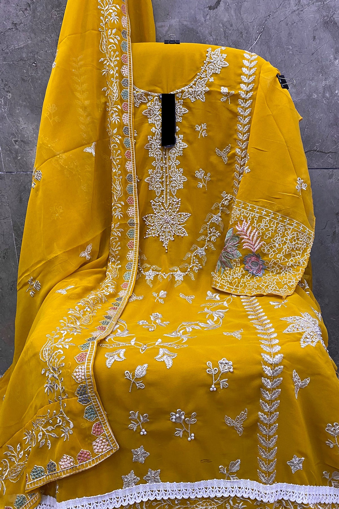 Moti Work Yellow Georgette Salwar Suit | Designer Indian Wear