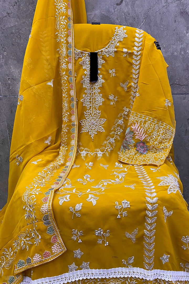 Moti Work Yellow Georgette Salwar Suit | Designer Indian Wear